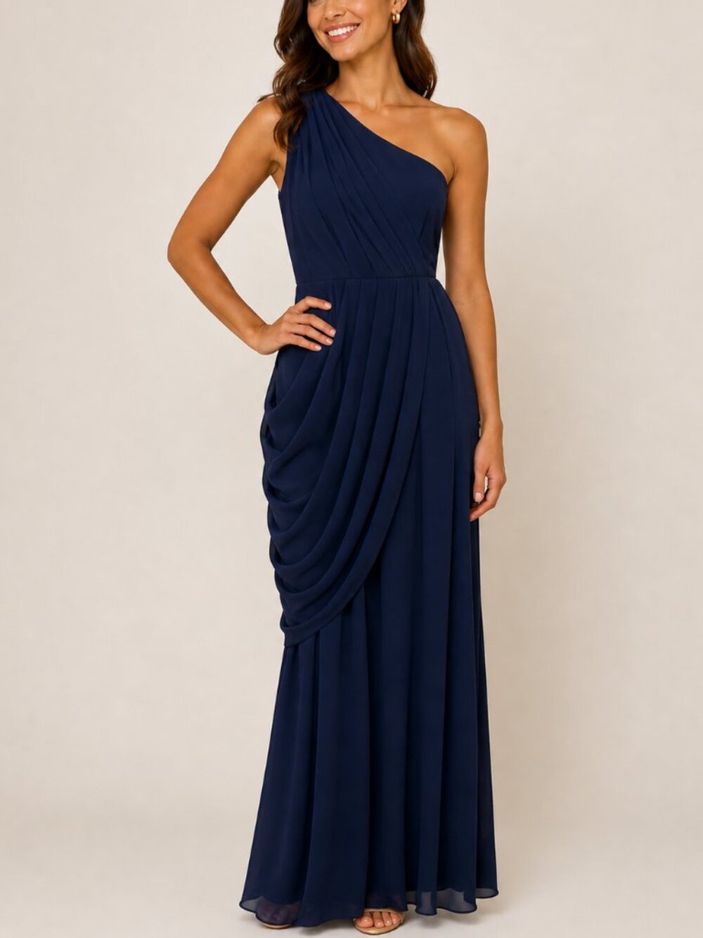 Max & Cleo One Shoulder Navy Maxi Dress Ruched Formal Bridesmaid Elegant Size 2